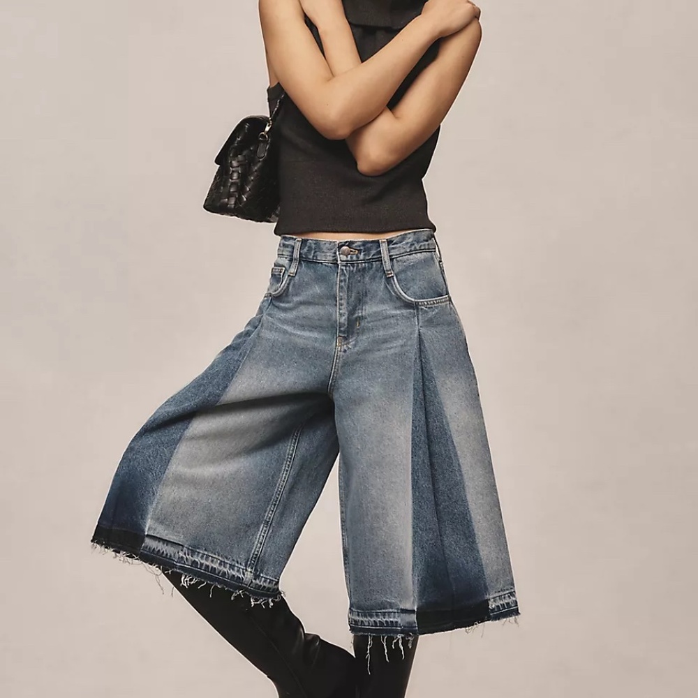 Anthropologie Two-Tone Wide-Leg Denim Culottes in Blue Wash